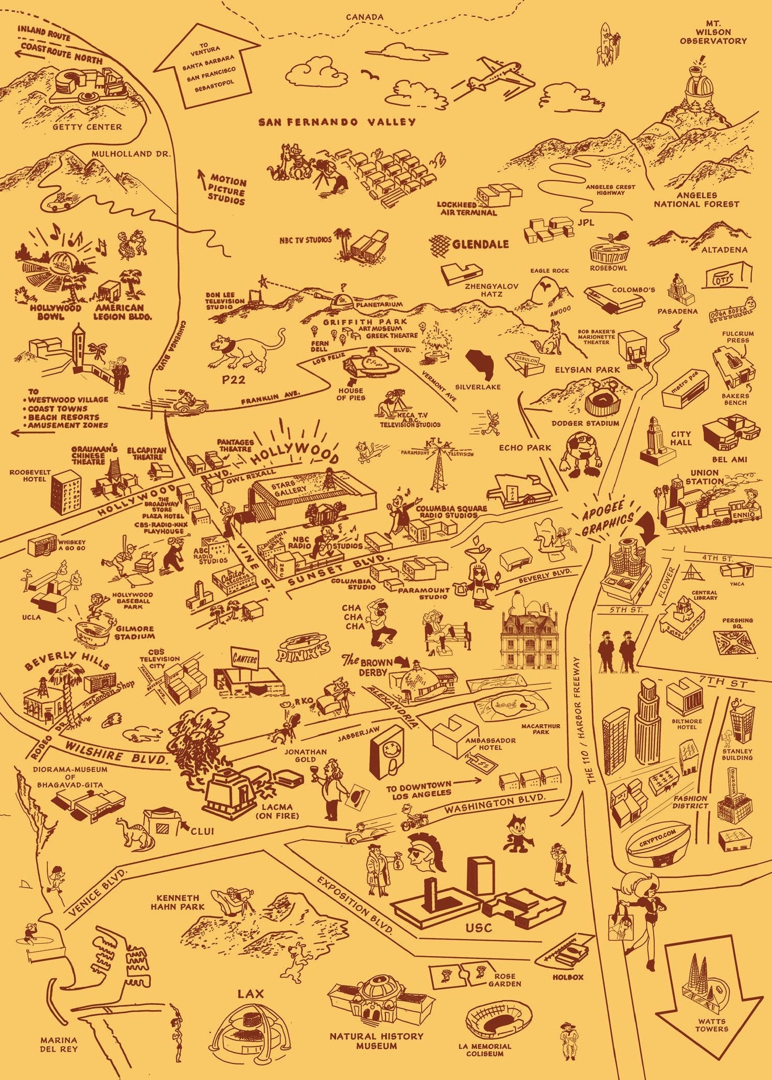 Los Angeles Map "Brown Derby" Postcard